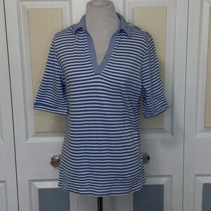 Lands'‎ End Blue and White Stripe Open Neck Collared Polo Jersey Top Sz M